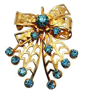 Blue Rhinestone Ribbon Brooch Gold Tone Pendant Pin Bow Arrow 1940s Vintage